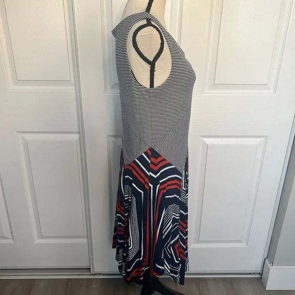 Maeve Anthropologie Cameron Blue Stripe Orange Midi Swing Dress Geometric Medium - Picture 3 of 7